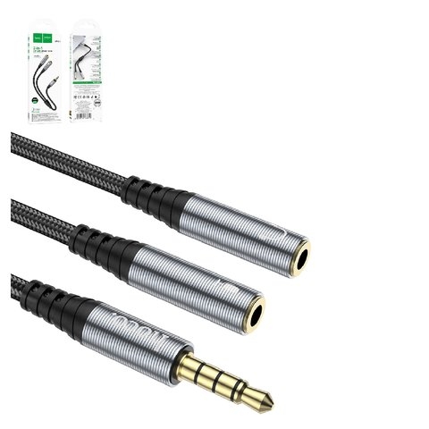 AUX-кабель Hoco UPA21, TRS 3.5 мм, TRRS 3.5 мм, 25 см, сірий, для наушников, в нейлоновой оплетке, male to 2 female, #6931474766809