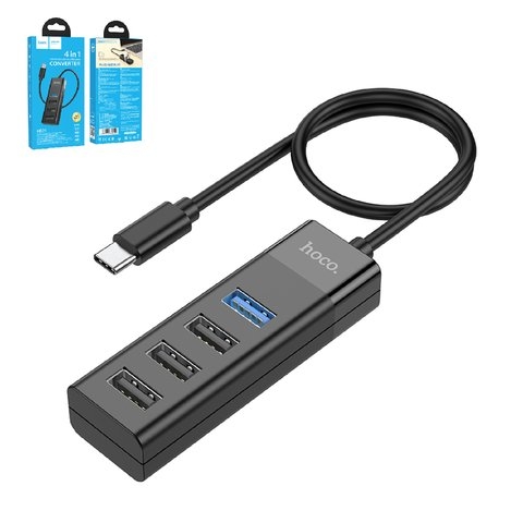 USB-хаб Hoco HB25, USB тип-A, USB 3.0 тип-A, 30 см, чорний, 4 порта, #6931474762412