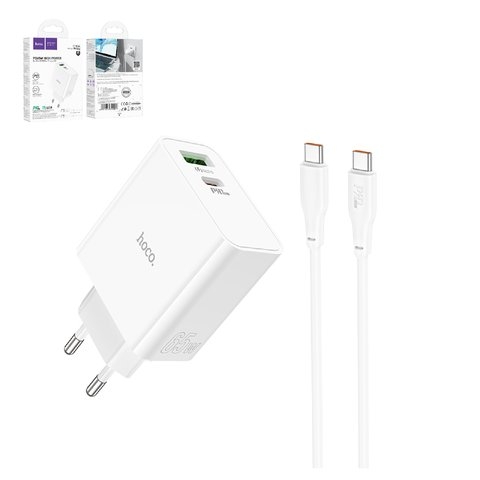 Сетевое зарядное устройство Hoco C113A, Power Delivery (65 Вт), білий, c кабелем USB тип-C к USB тип-C, 2 порта, GaN, #6931474790927