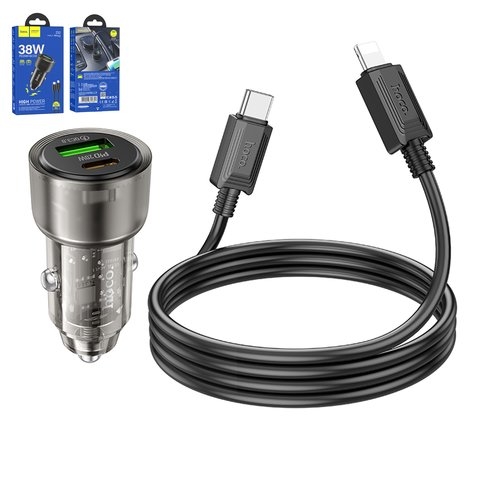 Автомобильний зарядний пристрій Hoco Z52, черное, Power Delivery (PD), c кабелем USB тип-C к Lightning для Apple, 38 Вт, 2 порта, 12-24 B, #6942007601801 | зарядка, зарядное устройство