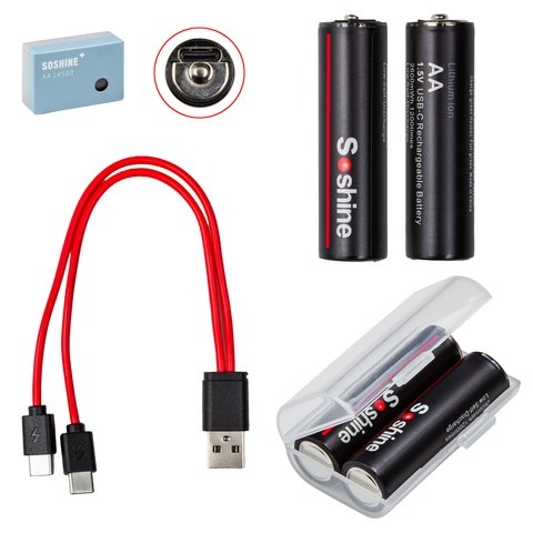 Акумулятор AA Soshine AA/HR6, 1,5 B, Li-ion, 2 шт., в боксе, c кабелем, (2600mWh), заряджається від USB Type-C | АКБ, батарея, аккумулятор