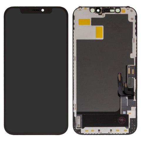 Дисплей Apple iPhone 12, iPhone 12 Pro, чорний, с рамкой, High Copy, з фіксатором камери та датчіка наближення, без мікросхемы, (OLED), GK OEM hard 