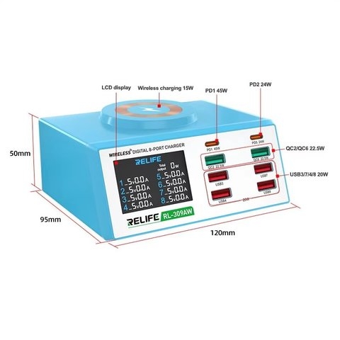 Сетевое зарядное устройство RELIFE RL-309AW, 100 Вт, Quick Charge, Power Delivery (PD), с беспроводной зарядкой, 8 портов